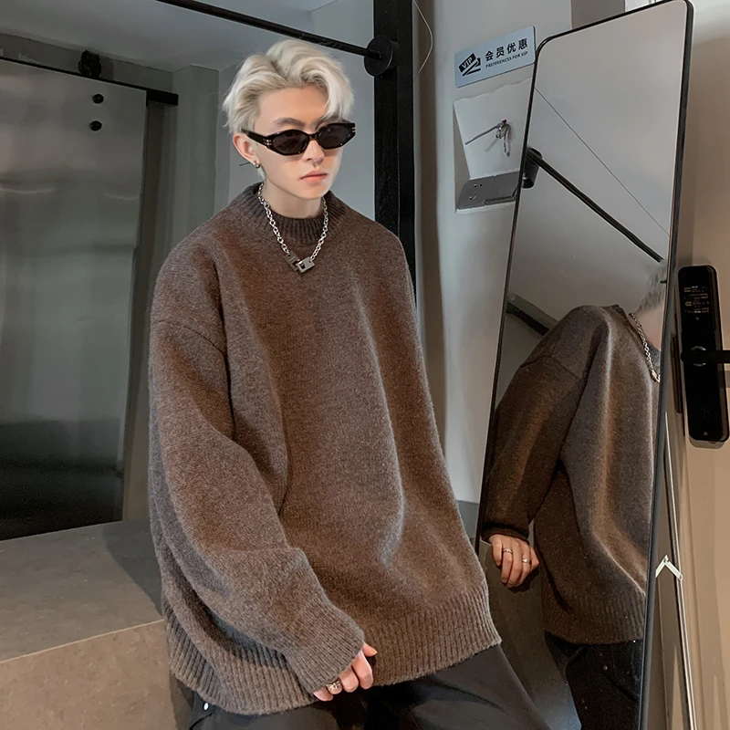 美拉德咖啡色毛衣男秋冬季古着vintage针织卫衣慵懒风美式打底衫