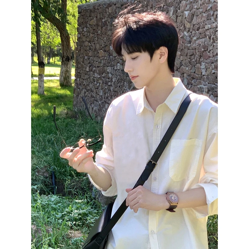 日系cityboy衬衫男长袖白色内搭夏季纯棉男生少年感穿搭美式衬衣