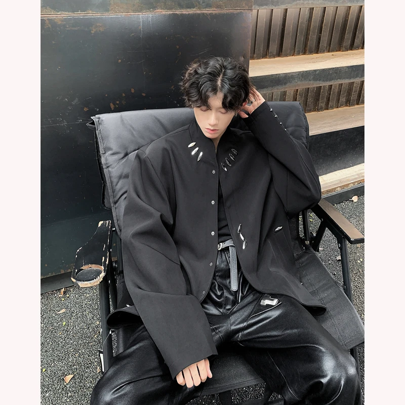 解构剪裁短款西装外套男款小众设计感中国风西服高级感垫肩中山装