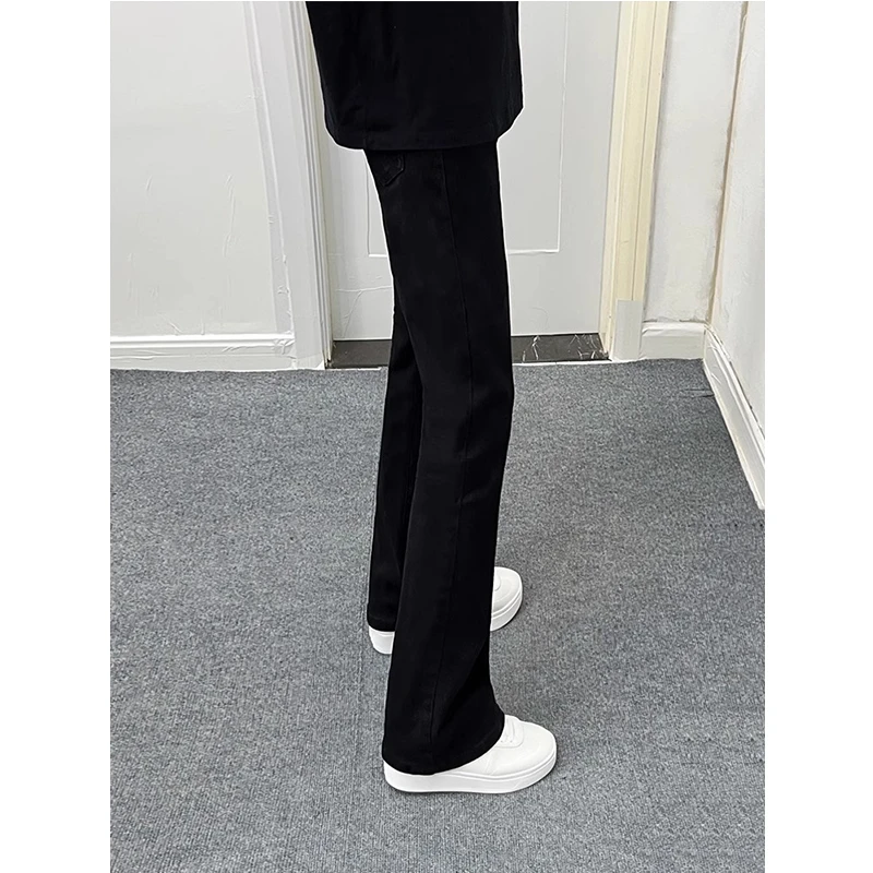 美式高街vibe裤子男款秋冬季纯黑色直筒牛仔裤修身显瘦弯刀微喇裤