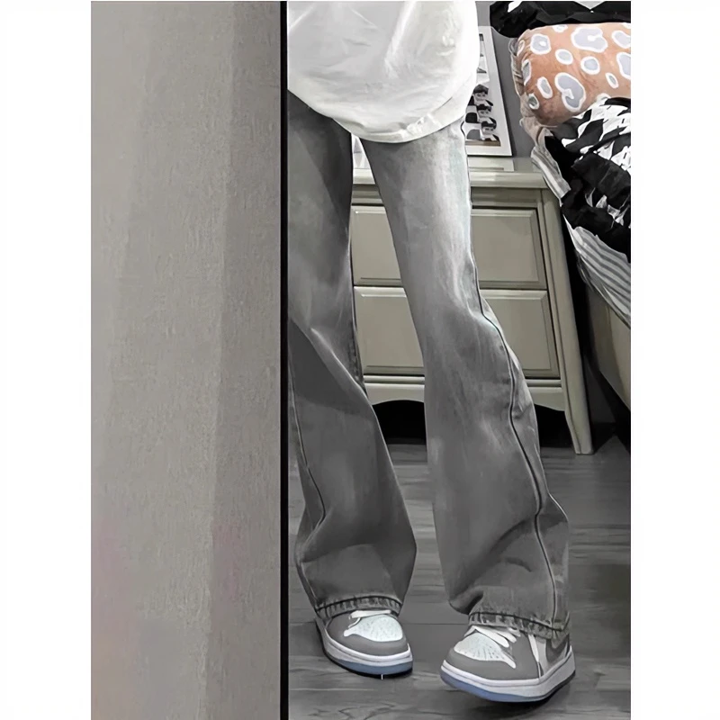 美式高街vibe烟灰水泥色微喇牛仔裤男夏季薄款修身显瘦直筒休闲裤