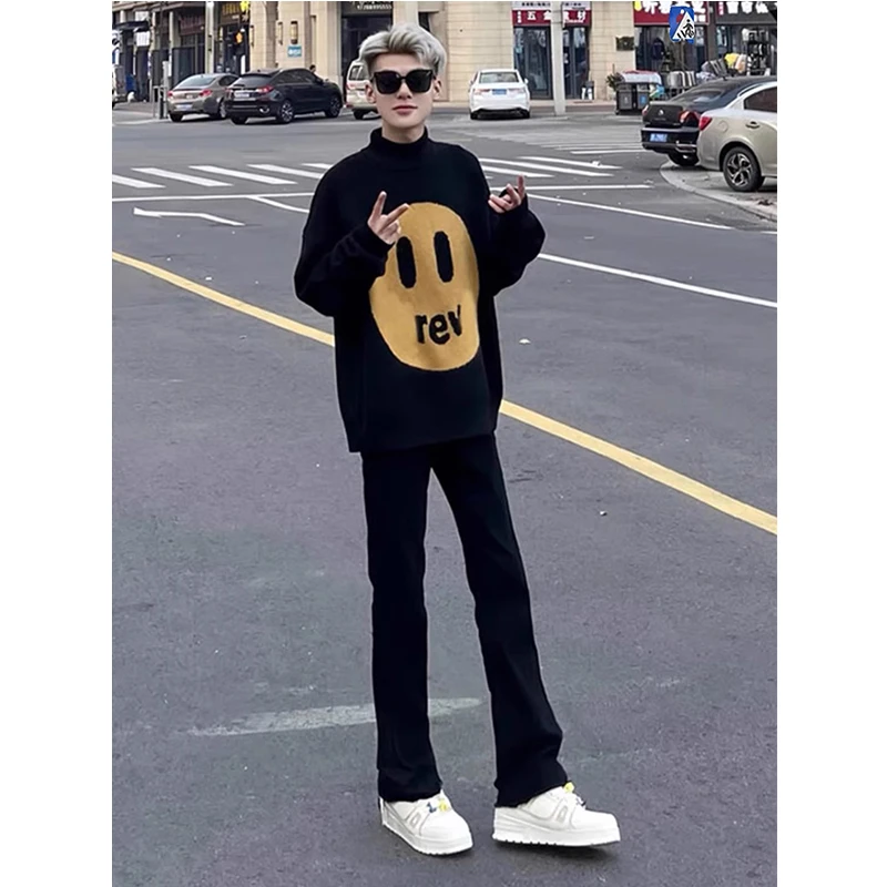 黑色弯刀牛仔裤男款秋季美式高街vibe休闲裤子修身显瘦直筒微喇裤