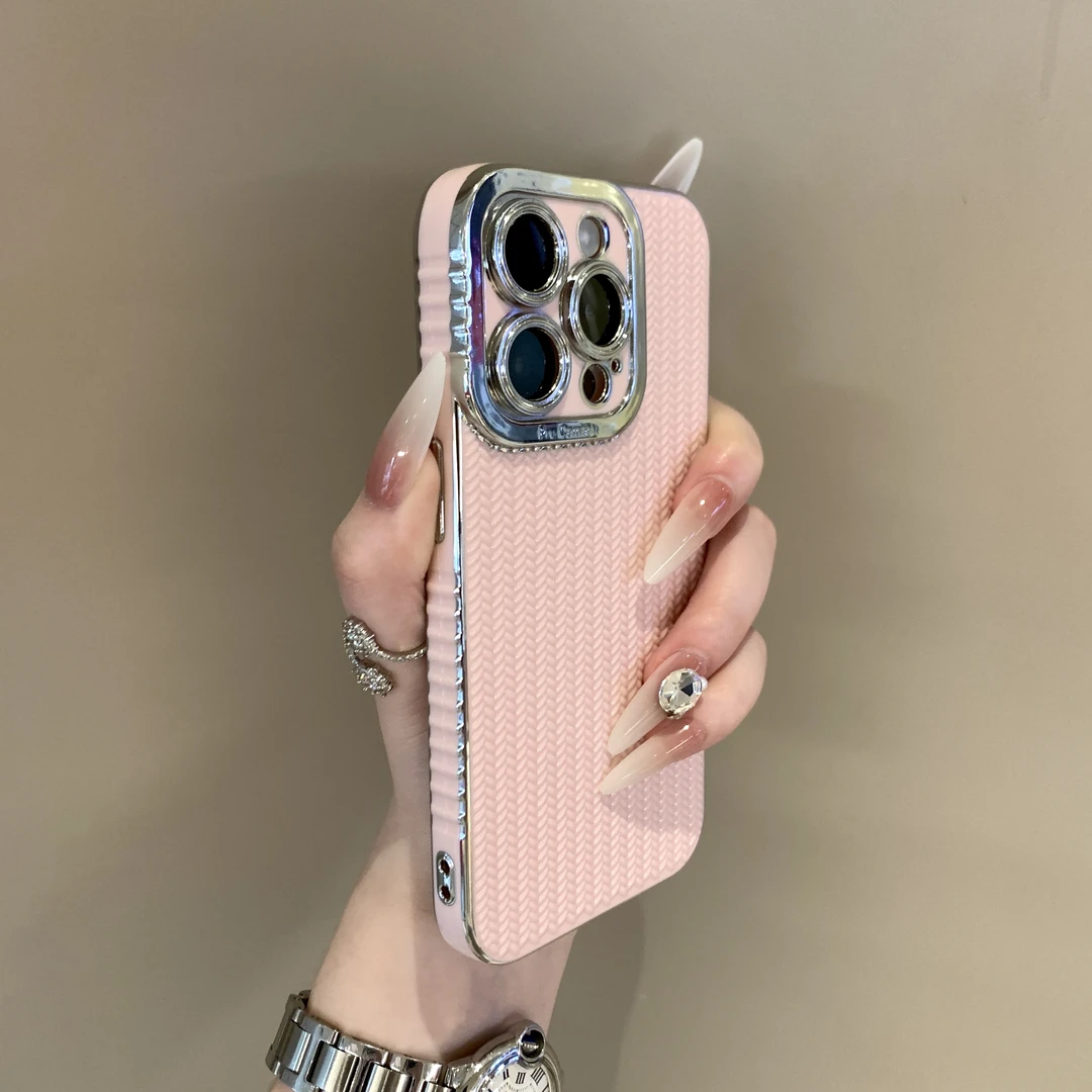 小众电镀银编织纹适用苹果16promax手机壳iPhone15全包14复古13软