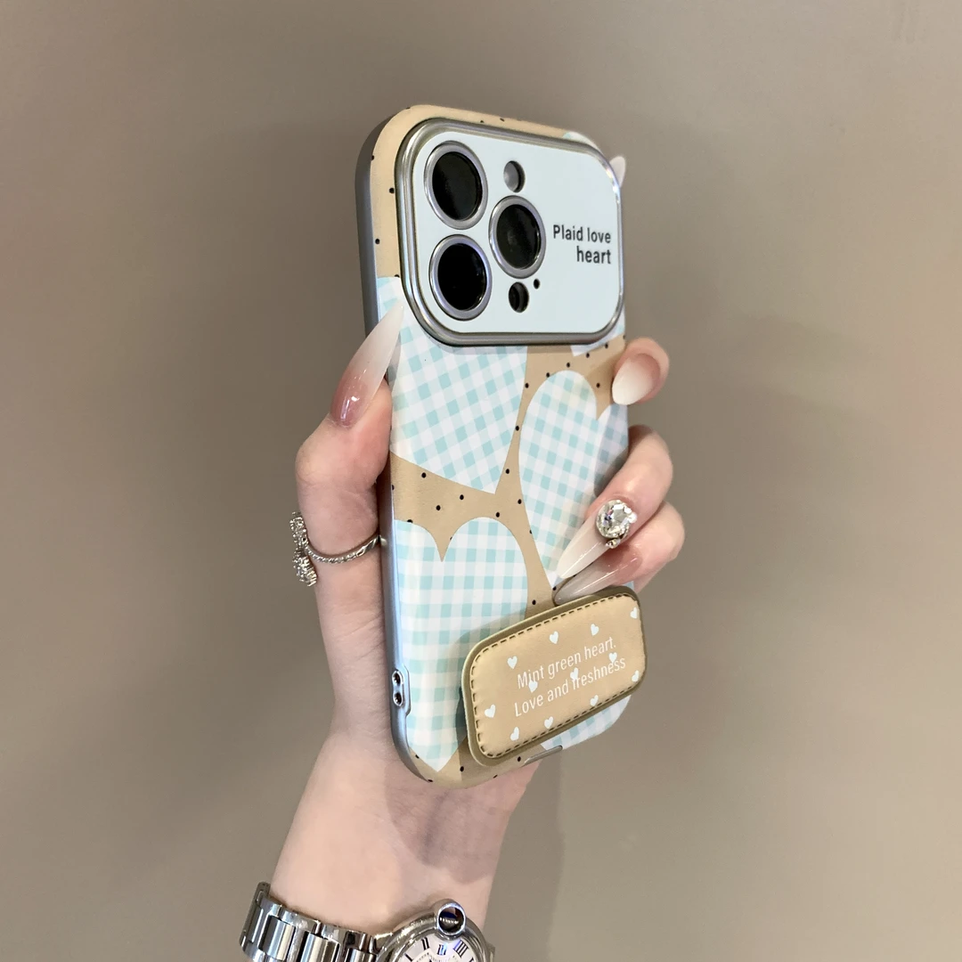 简约蓝色格纹爱心适用苹果16ProMax手机壳新款iPhone15pro/14女13