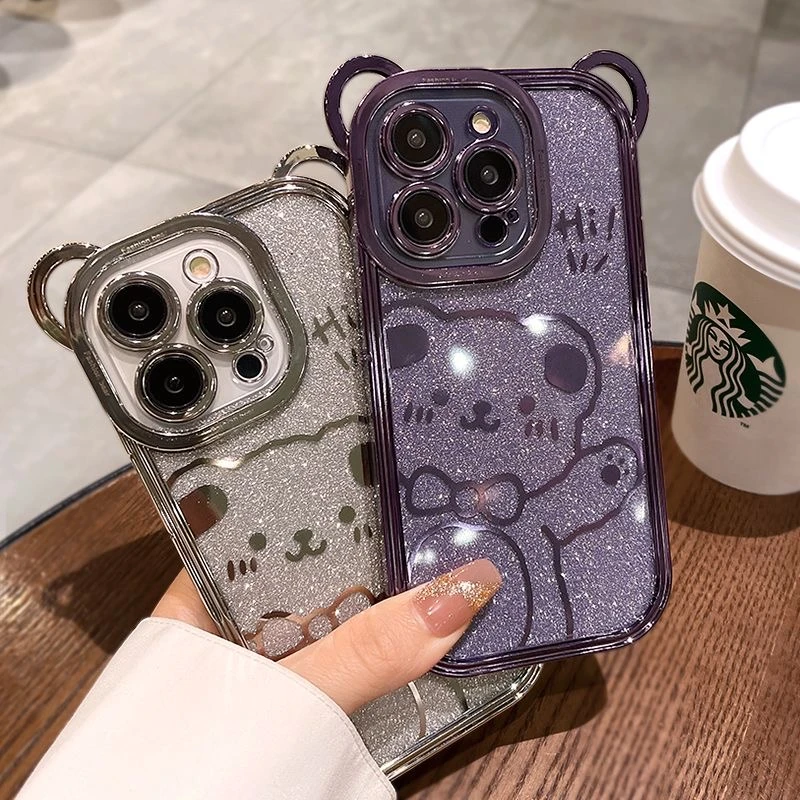 暗紫色闪粉小熊苹果15promax手机壳iPhone13pro透明12硅胶防摔11