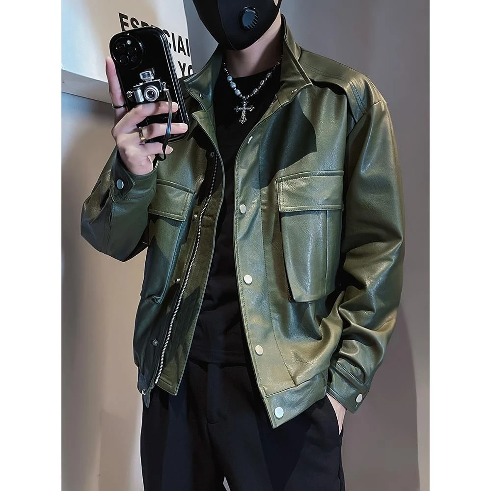 高级感美式工装皮衣男潮流休闲男装外套春秋季男士潮牌痞帅皮夹克