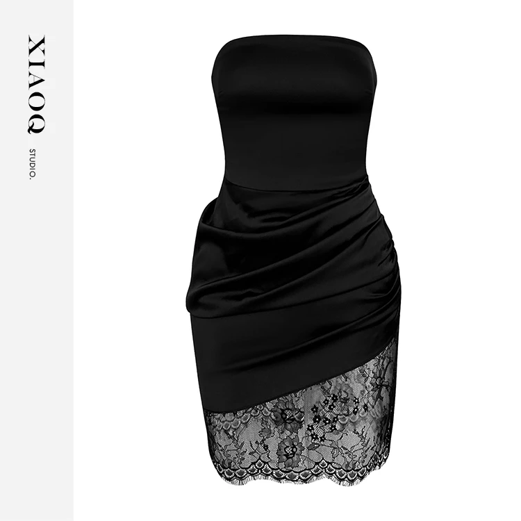 【小Q家】45256法式气质缎面蕾丝抹胸连衣裙女装高级性感包臀裙T