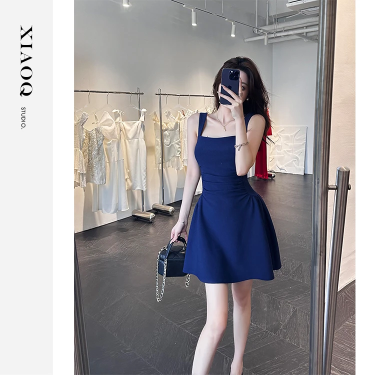 【小Q家】92000纯色简约吊带连衣裙修身方领无袖收腰显瘦气质T