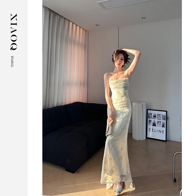 【小Q家】61525石榴花植绒拖尾绑带连衣裙T