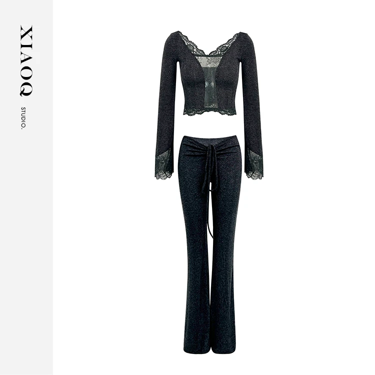 【小Q家】12351气质纯欲蕾丝拼接甜美针织上衣女+裤子气质套装T