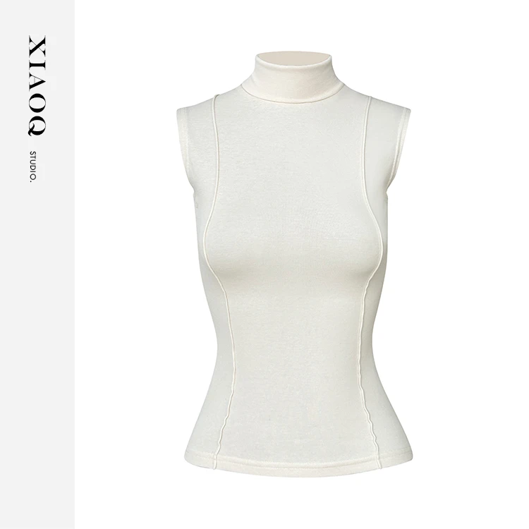 【小Q家】36505双线设计感无袖紧身弹性上衣半高领打底衫T