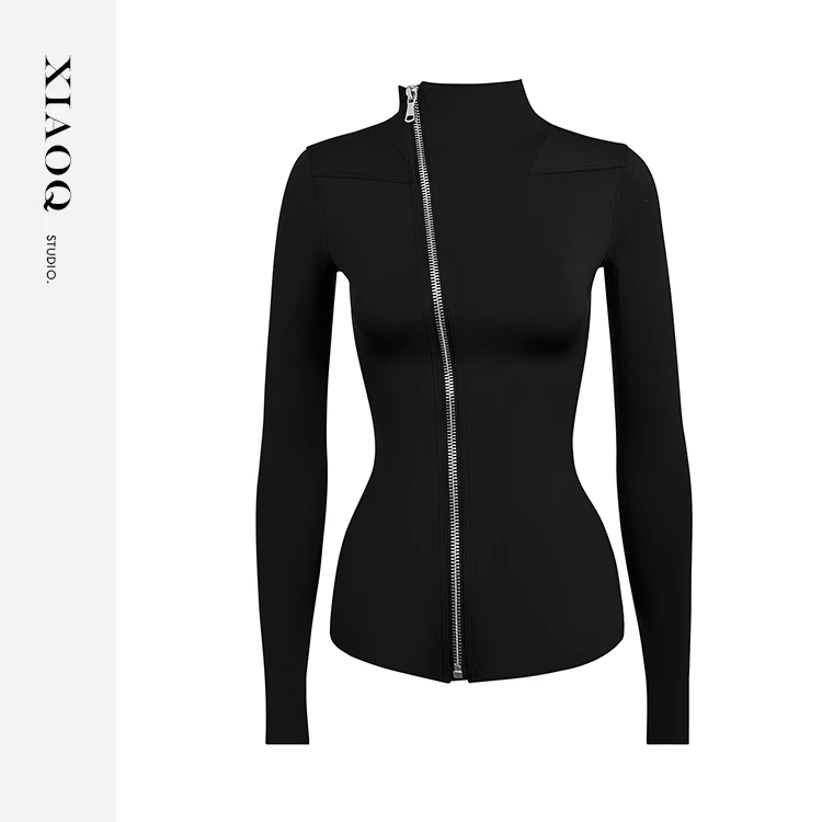 【小Q家】65080柔滑细腻高弹上衣设计感斜拉链修身外套T