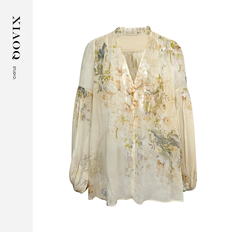 【小Q家】60654淡黄色印花灯笼袖小V领通勤上衣T