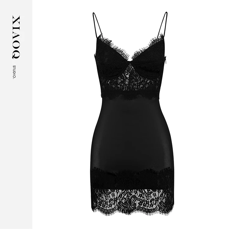 【小Q家】48705时尚性感蕾丝拼接v领连衣裙T