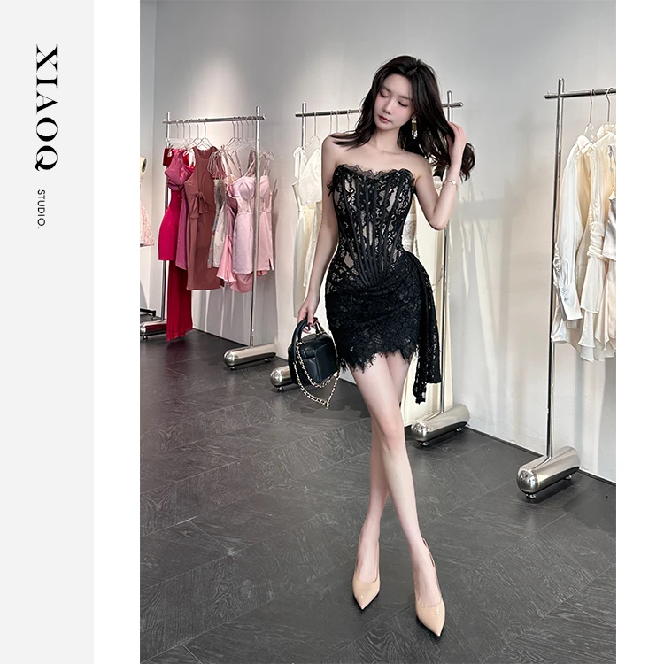 【小Q家】34578气质裹胸绑带束腰鱼骨显瘦蕾丝纯欲连衣裙T