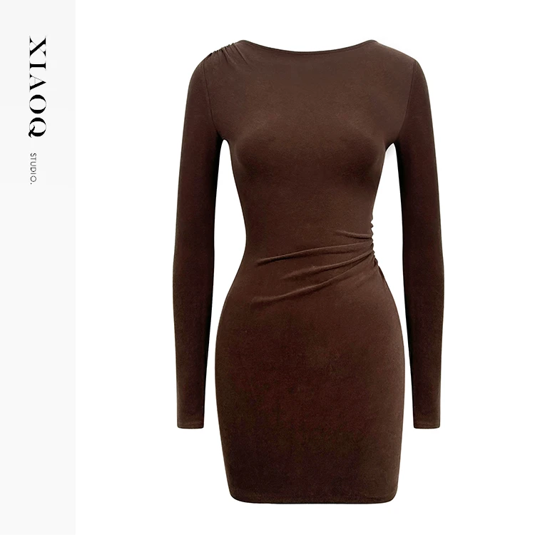 【小Q家】39645韩系性感辣妹露背长袖连衣裙T