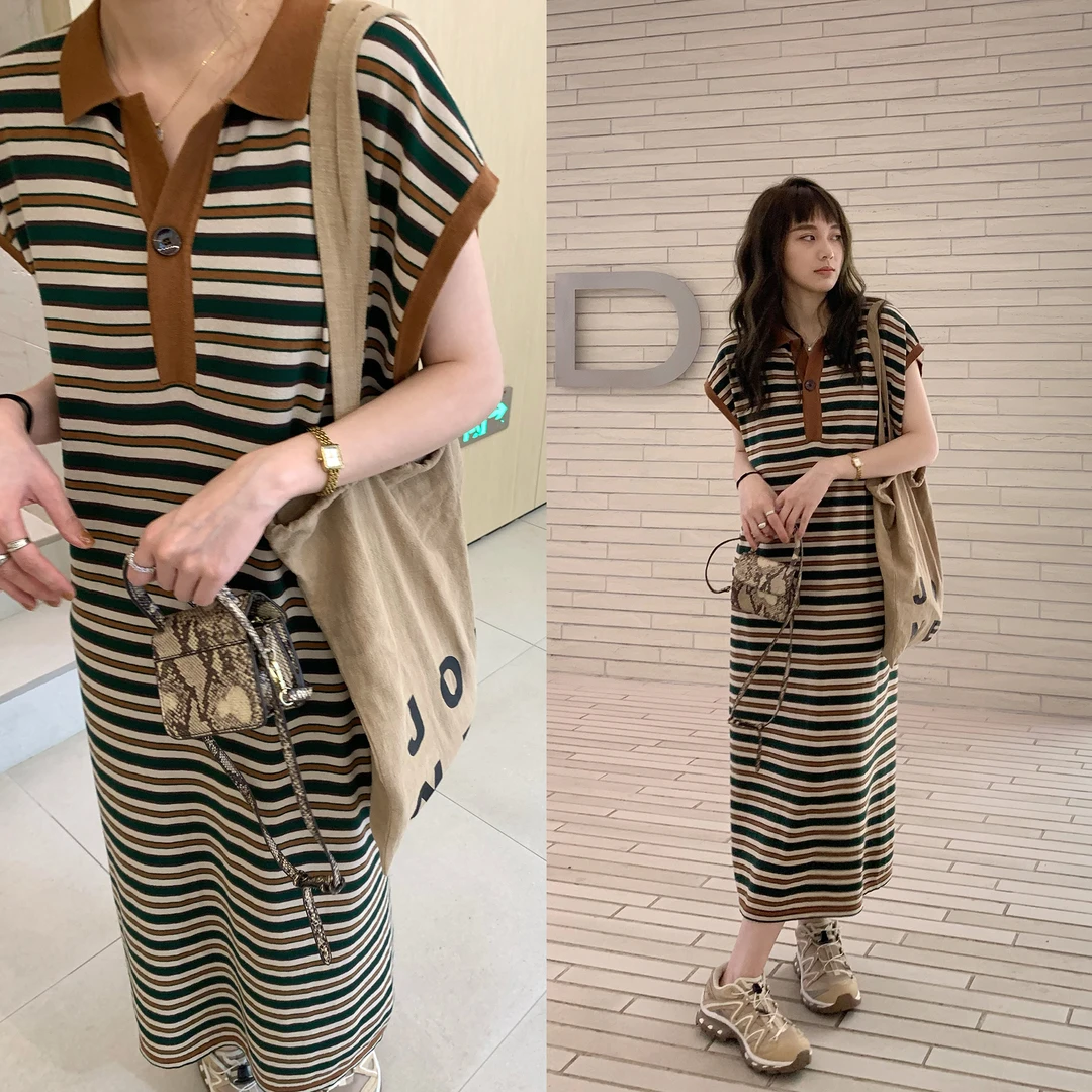 孕妇装夏装慵懒风针织撞色条纹POLO连衣裙大码宽松孕妇裙子夏季女