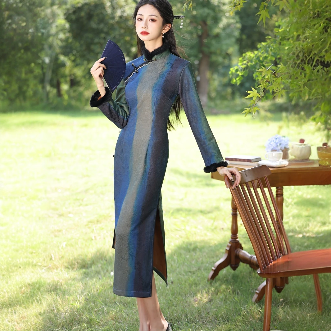 旗袍气质国风中长款后开叉加绒修身加厚日常秋冬款显瘦保暖