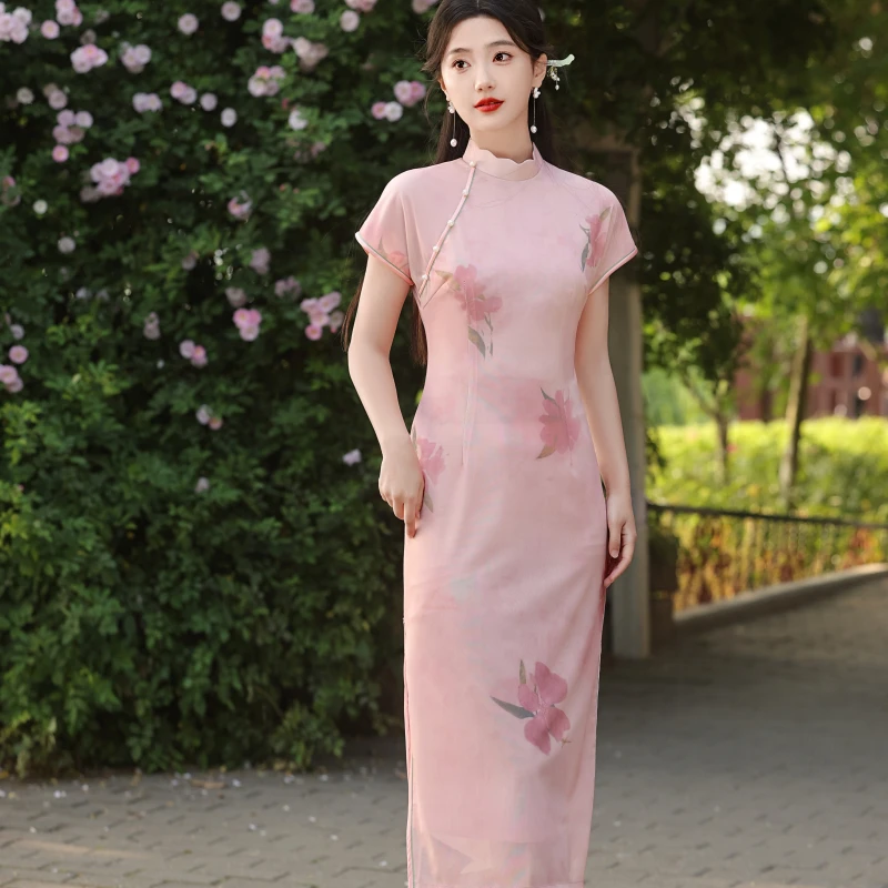 粉色旗袍显瘦气质小个子夏季少女修身日常中国风时尚2413