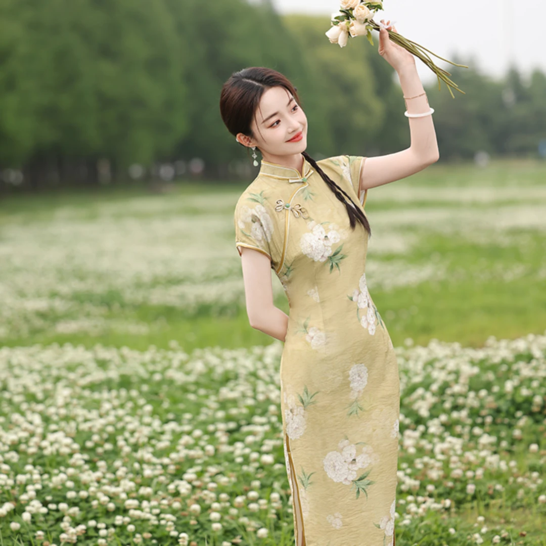 【芙蓉】黄色显瘦旗袍气质时尚夏季中长款修身日常透气中国风