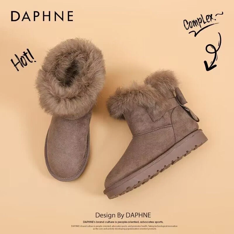 Daphne/达芙妮雪地靴女冬季新款加绒中筒蝴蝶结靴子保暖棉鞋短靴