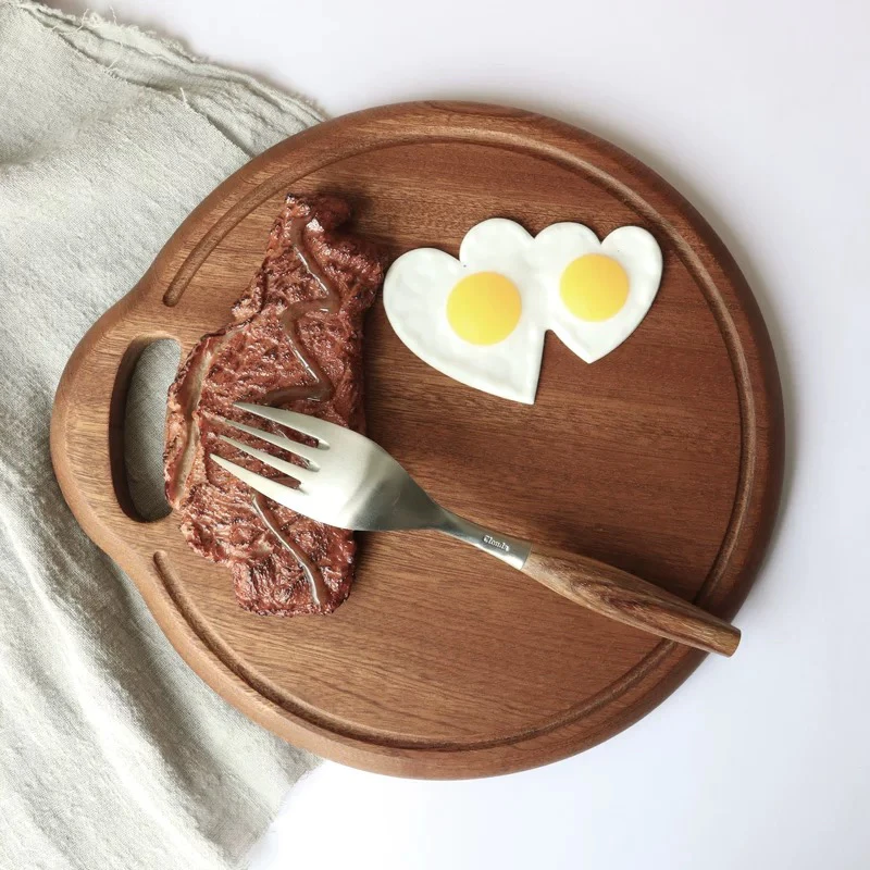 乌檀木食用级圆形菜板披萨盘牛排盘-27*25*2cm