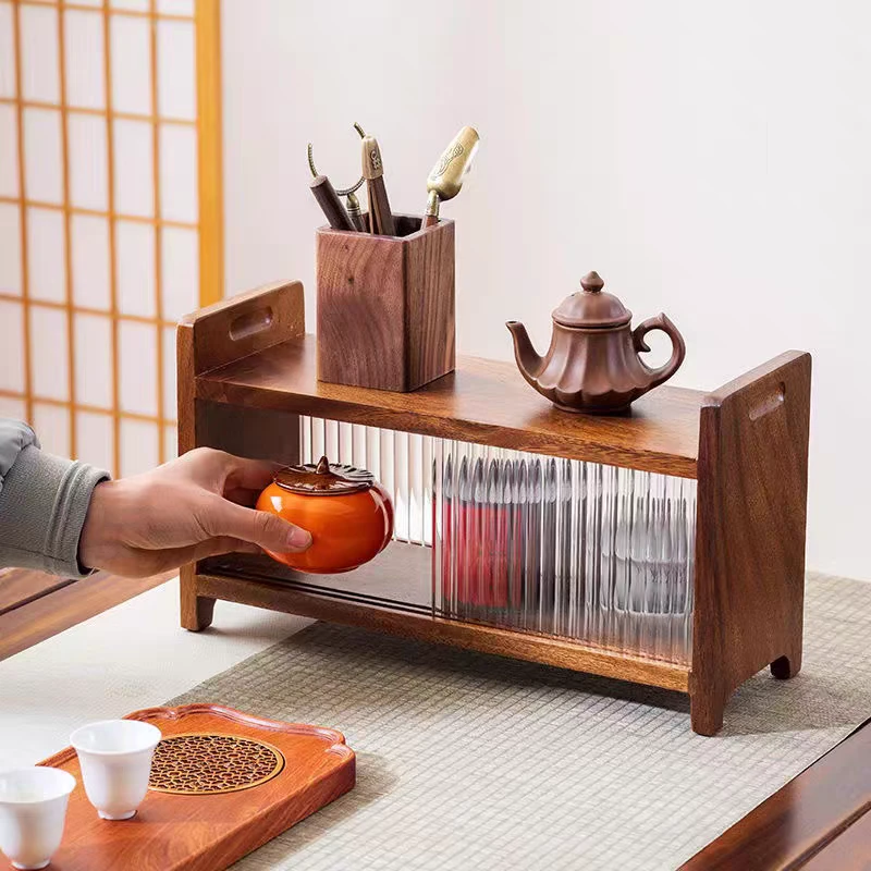 南美胡桃木单层推拉茶具收纳柜-40*14*21cm