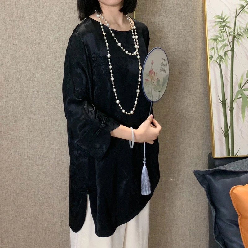 {馨媛}人丝提花贡缎袖盘扣上衣夏季圆领显瘦松弛感小衫女时尚