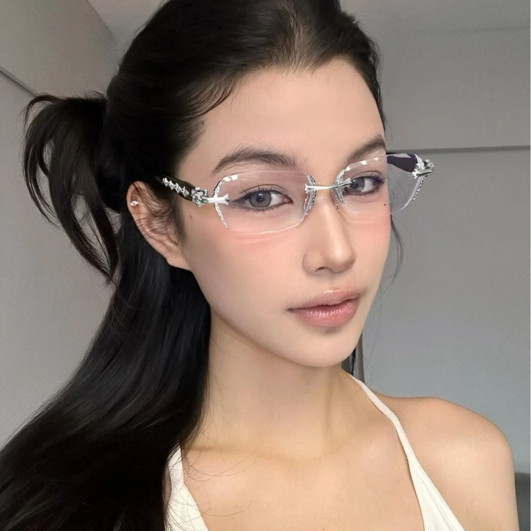 复古纯欲无框切边女金属素颜眼镜Y2K可配度数近视镜框清冷高智感