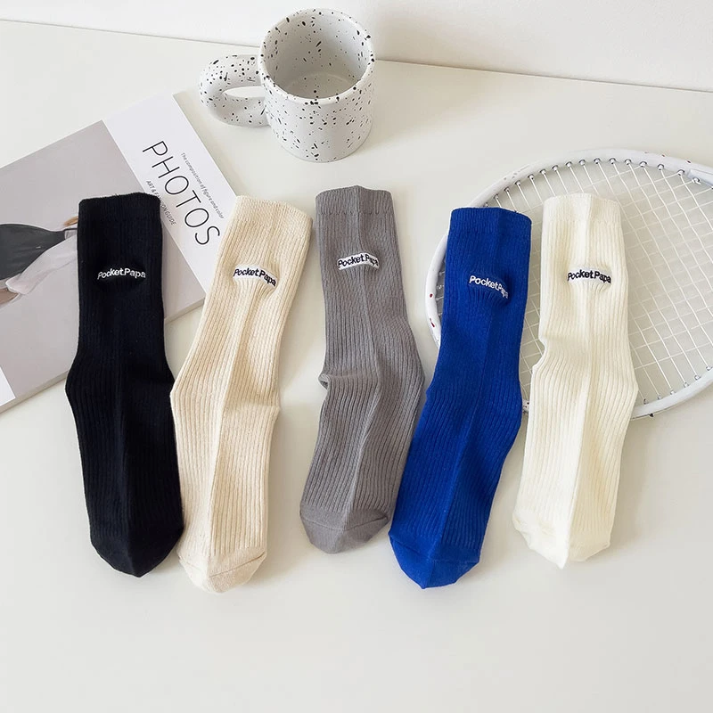 日系简约百搭刺绣papa纯色潮袜字母中筒袜运动学院风袜子