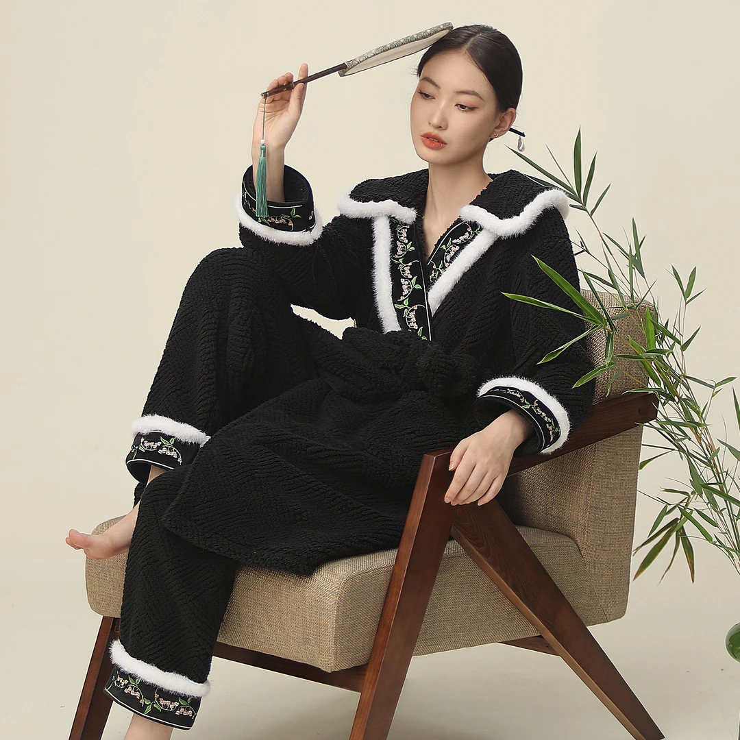 松子壳2025年新款国风睡衣女秋冬加绒加厚新中式可外穿家居服套装