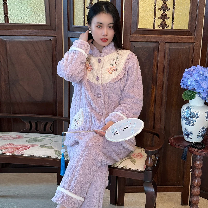 松子壳新中式加绒加厚高级感国风绣花睡衣长袖提花绒甜美可爱保暖