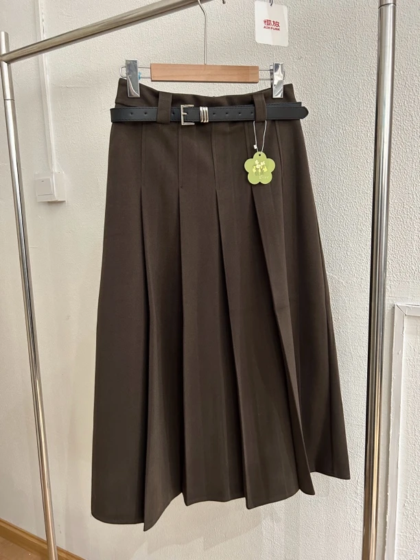 棕色毛呢百褶长裙韩系风