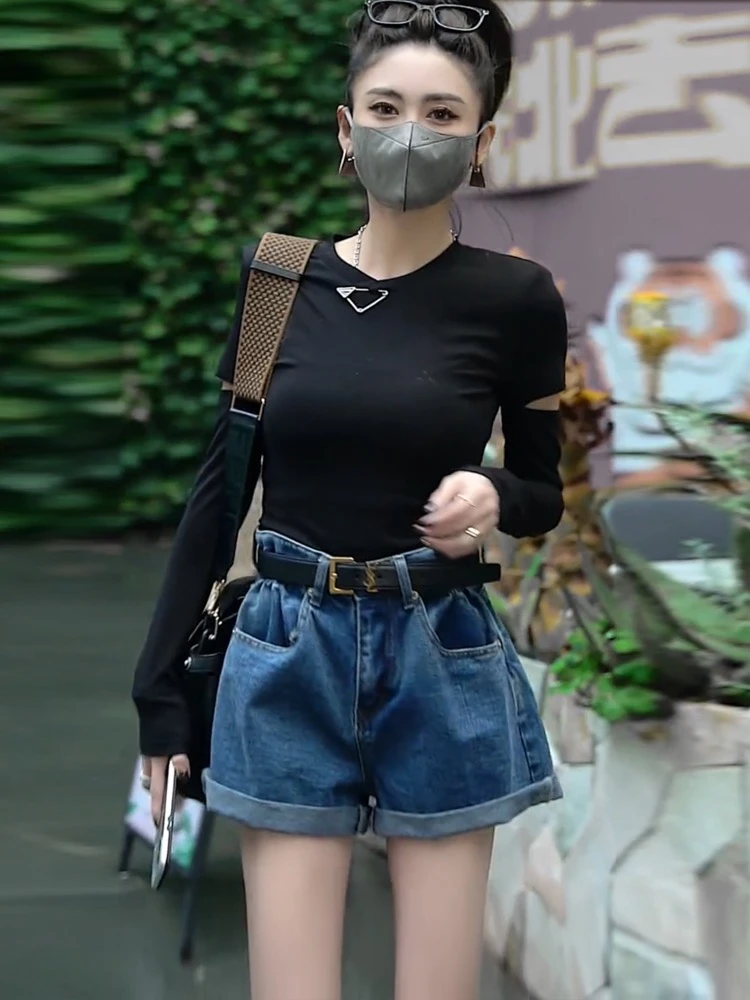 高腰牛仔短裤子女夏季2025新款爆款设计感宽松显瘦翻边阔腿热裤潮