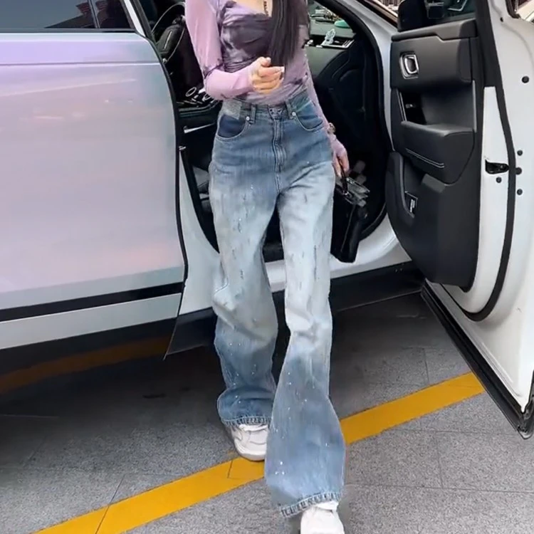 美式阔腿牛仔裤女设计感烫钻渐变高腰直筒宽松长裤水洗拖地裤女潮