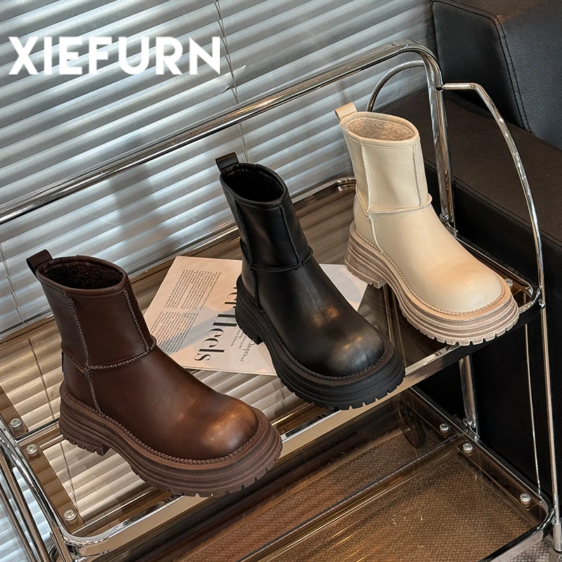 XIEFURN/鞋夫人厚底靴子粗跟百搭加厚圆头时尚短筒套筒女靴通勤鞋