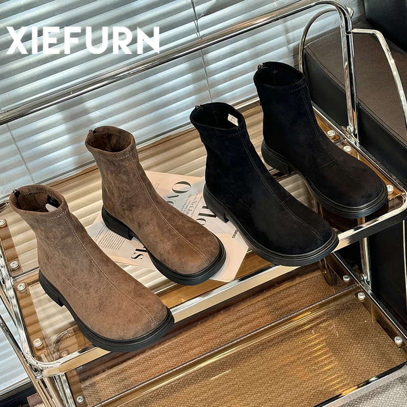 XIEFURN/鞋夫人复古时尚厚底英伦风平底弹力秋冬圆头瘦瘦靴黑色
