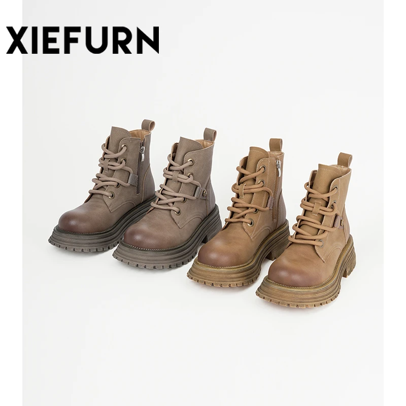 XIEFURN/鞋夫人时尚潮流系带马丁靴女2023秋季大黄靴高帮圆头短靴