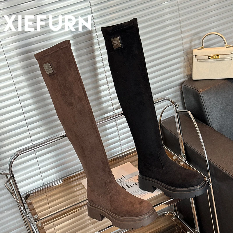 XIEFURN/鞋夫人秋冬新款增高显瘦时尚百搭粗跟长筒弹力靴黑色棕色