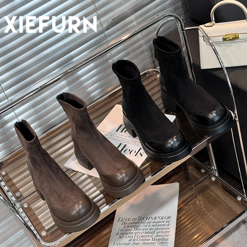 XIEFURN/鞋夫人秋冬粗跟英伦风显瘦百搭时尚弹力靴瘦瘦靴子复古