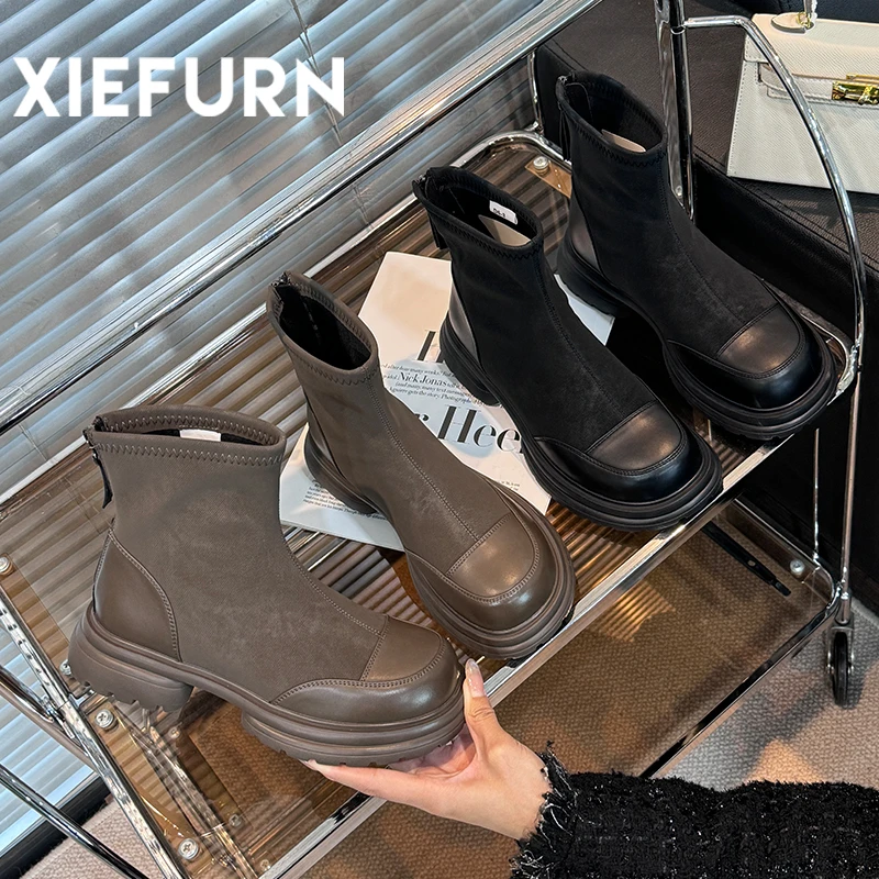 XIEFURN/鞋夫人烟筒圆头小个子日常通勤百搭时尚经典显瘦短靴秋冬