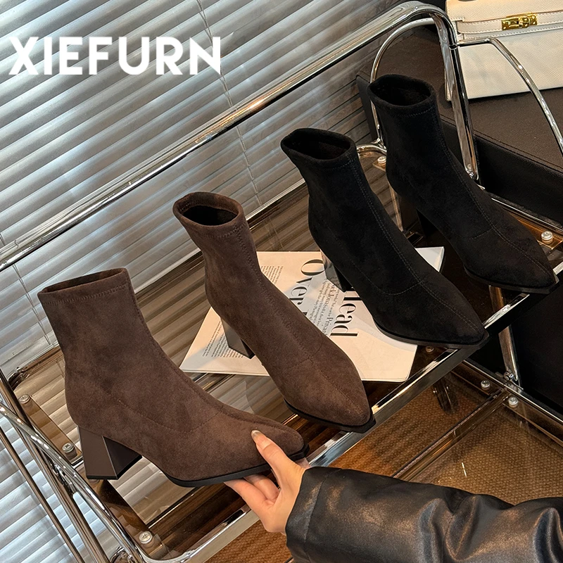 XIEFURN/鞋夫人女鞋百搭法式尖头秋冬中跟高跟瘦瘦靴显瘦时尚英伦