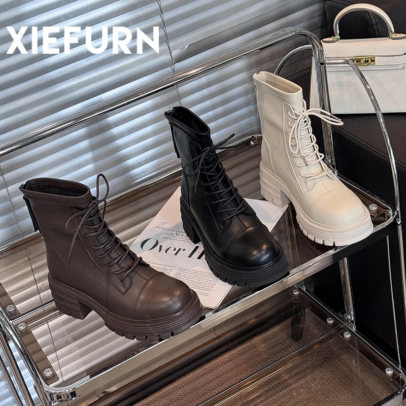 XIEFURN/鞋夫人百搭马丁靴系带复古时尚秋冬粗跟圆头英伦风厚底女