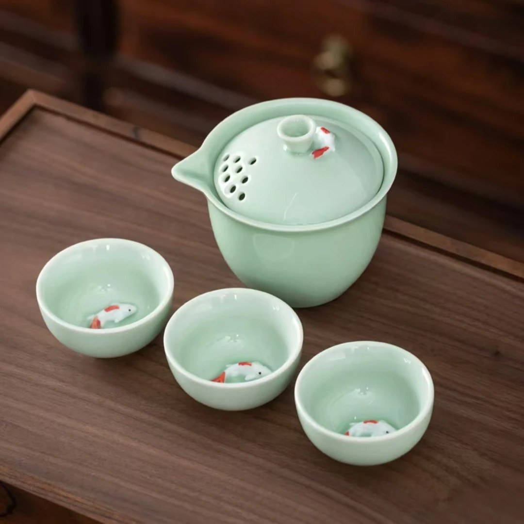 B0860陶瓷茶具青瓷鲤鱼茶壶茶杯一壶三杯