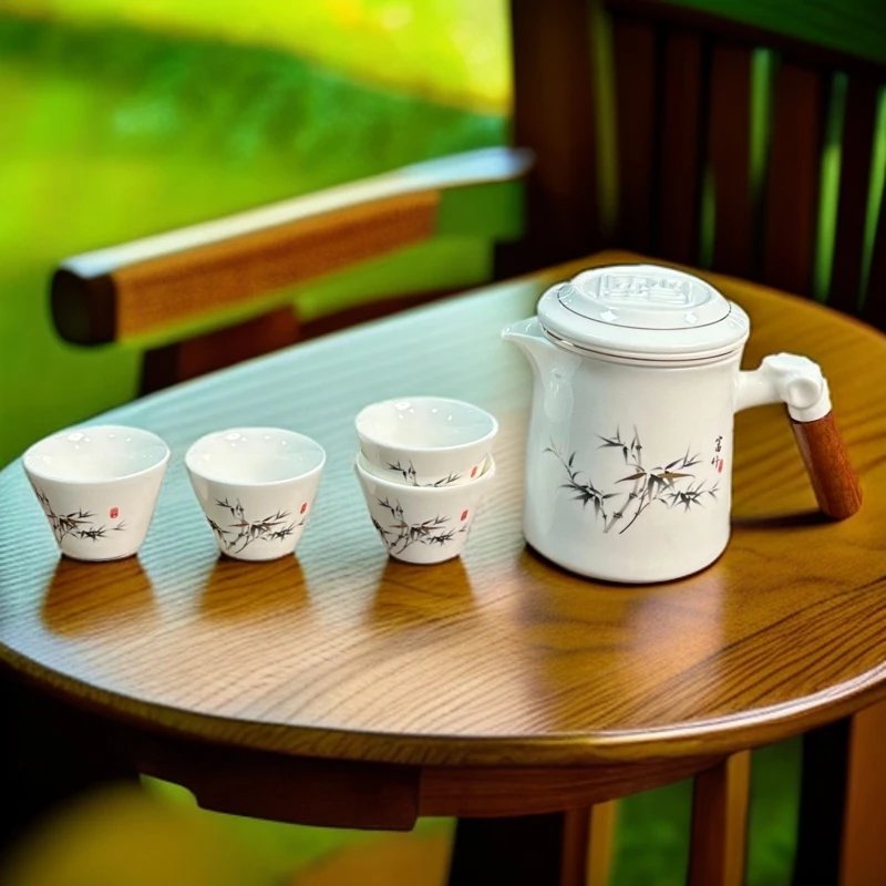 B0989富竹一壶四杯简约陶瓷户外分茶过滤三件套大容量防烫白瓷