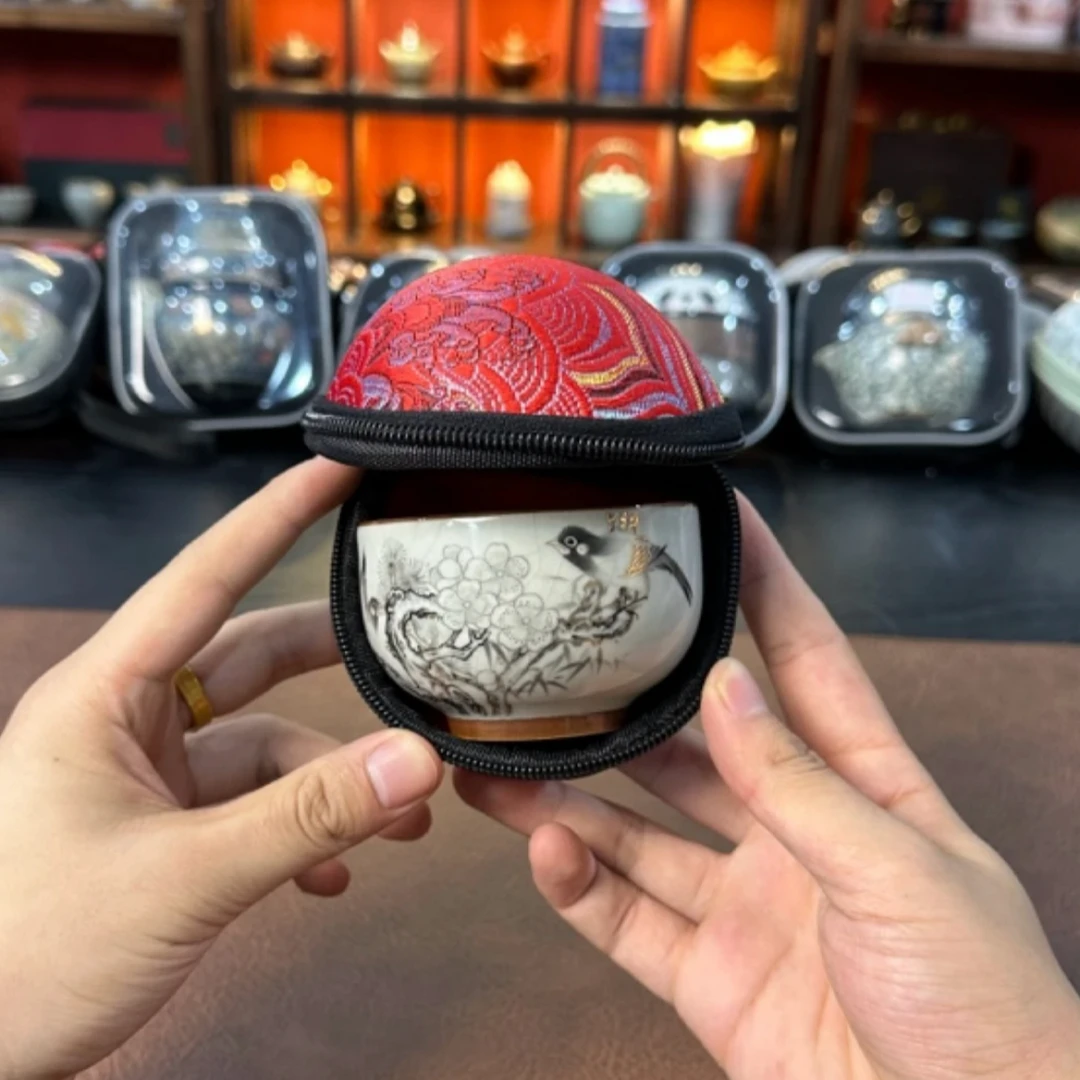 B01010喜上眉梢鸟语花香米黄铜钱主人杯陶瓷茶具