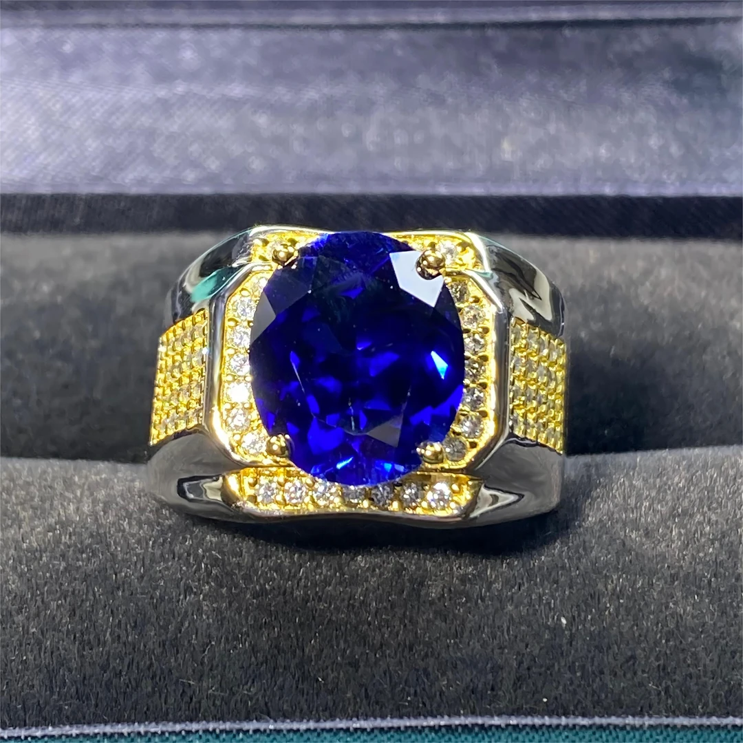 斯里兰卡蓝宝石S925银镀金培育戒指大戒面椭圆形经典男士KSJ973