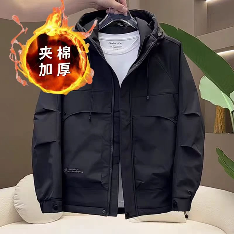 欧货秋冬新款男士时尚百搭休闲加棉连帽外套宽松冲锋衣棉衣棉服男