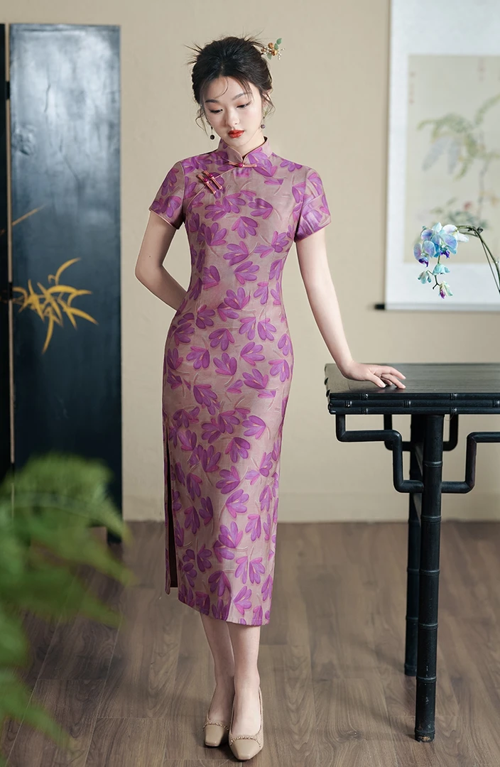 三叶花-新款中式洋气中长款显瘦旗袍