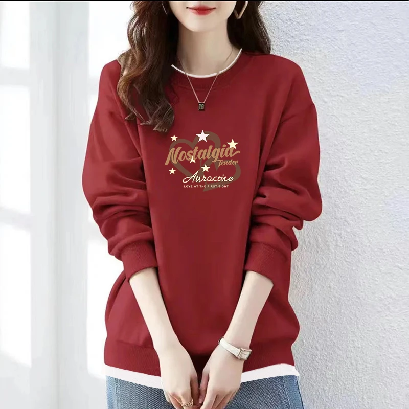 加绒加厚圆领假两件卫衣女士秋冬季新款复古港风洋气显瘦休闲上衣